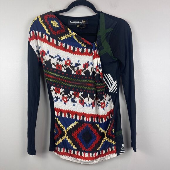 Desigual Top Women's XS Black Multi Printed Stretch Asymmetrical Neck Artsy Boho - Picture 1 of 7